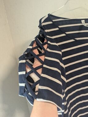 Ladder Sleeve Striped Top 3x Navy Cream Nautical Stretchy Cold Shoulder
